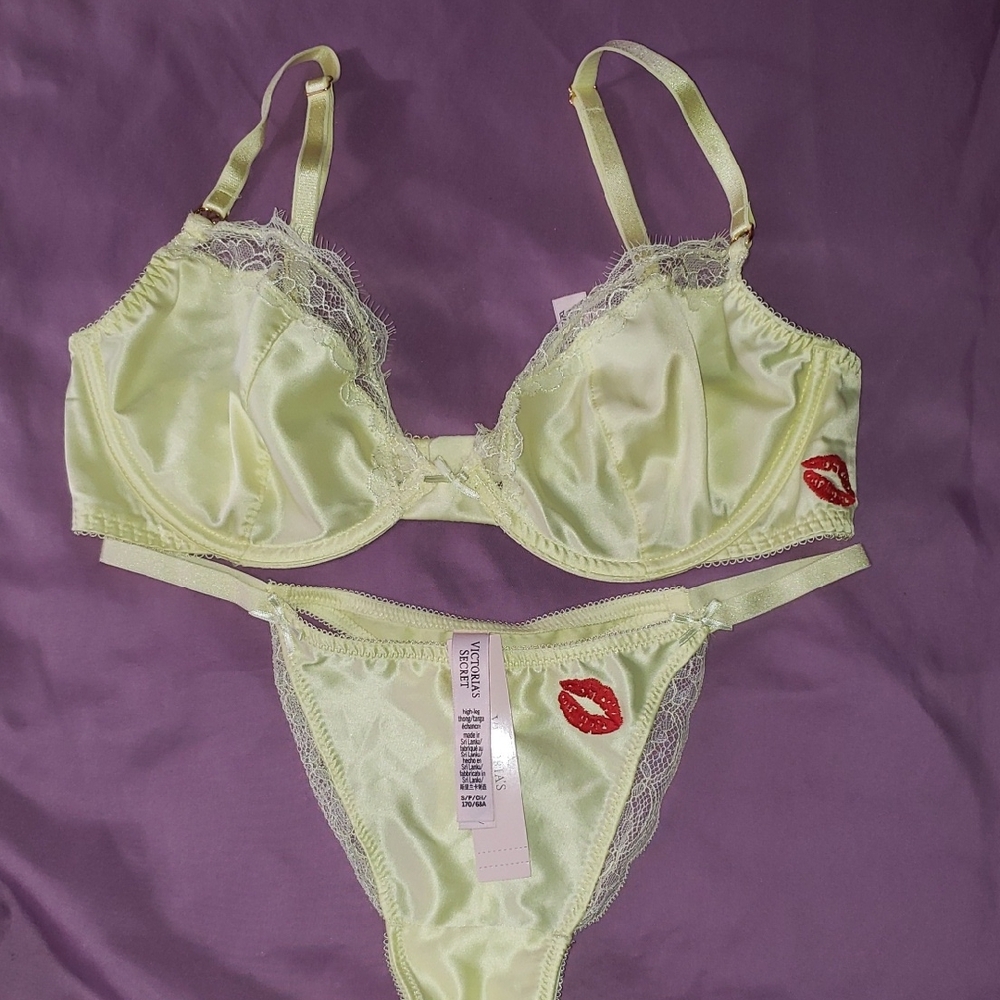 Victoria's Secret Yellow Satin Lace Bra & Thong Set with Red Kiss Detail